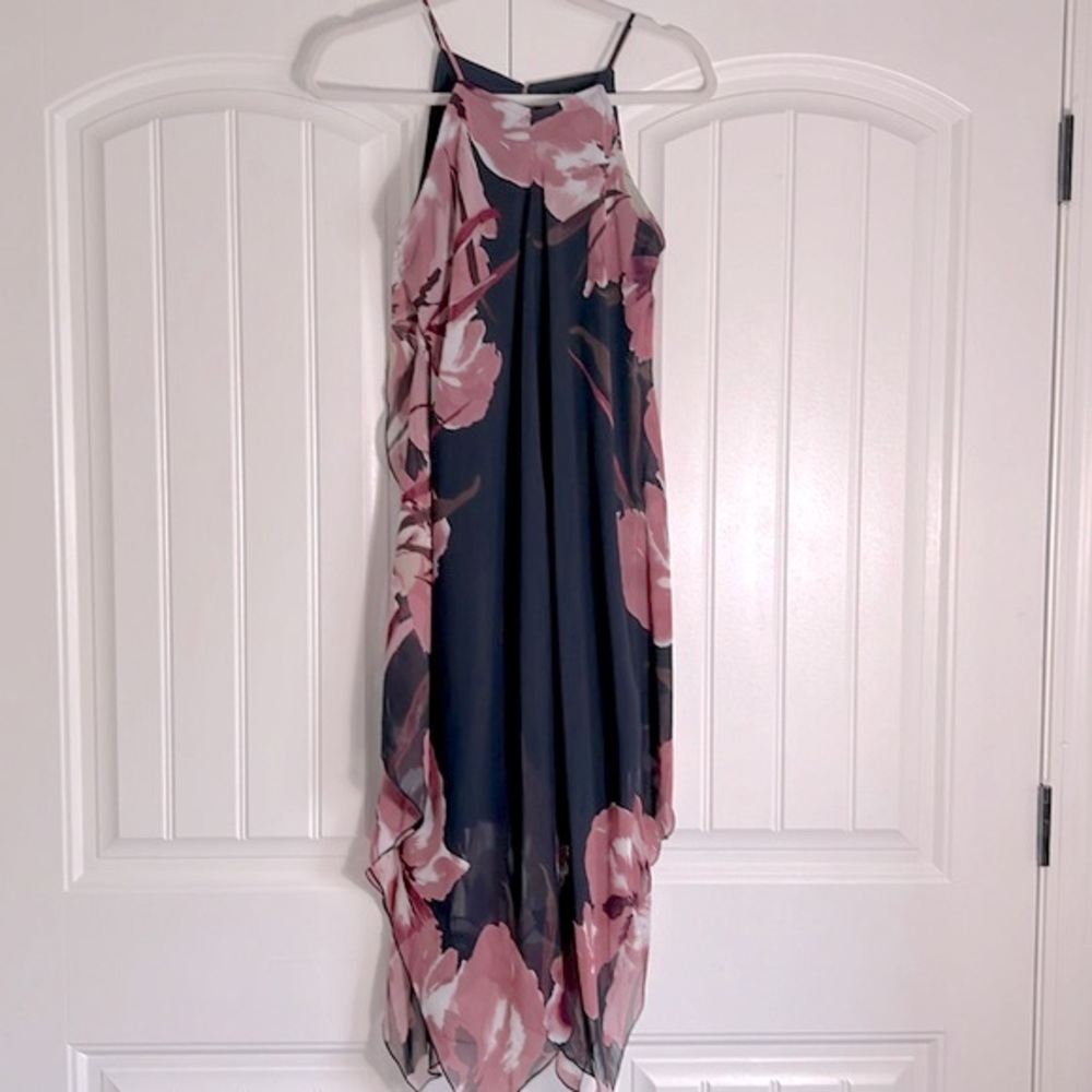 Floral Flowy Summer Dress - Navy Blue with Pink Flowers - Size 4/Small